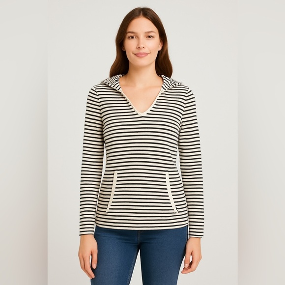 Roxy Black & White Striped V-Neck Hoodie Pullover Top Women’s L - Picture 1 of 10